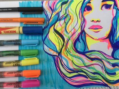 Hand drawing of NIKKO GURL with Nikko Brand pens highlighters and markers used beside caps on