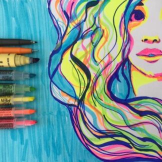 Hand drawing of NIKKO GURL with Nikko Brand pens highlighters and markers used beside caps off