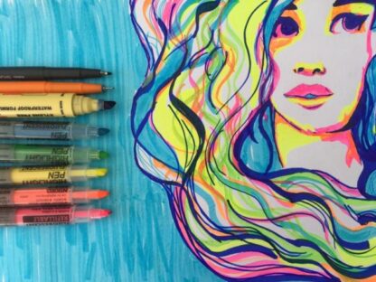 Hand drawing of NIKKO GURL with Nikko Brand pens highlighters and markers used beside caps off