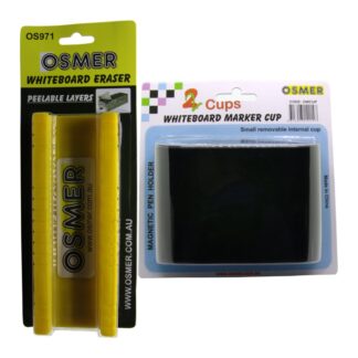 Osmer Brand Magnetic Whiteboard Marker Pen Cup OWCUP and Whiteboard Eraser OS971 in Hang Sell Packs