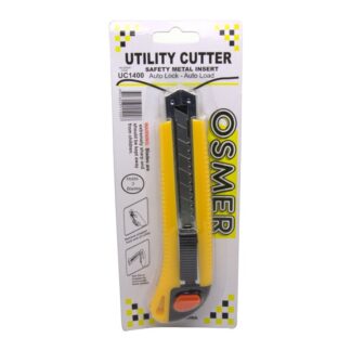 Osmer Brand Yellow Utility Cutter Knife with Saftey metal insert and auto lock and auto load, comes with 3 blades
