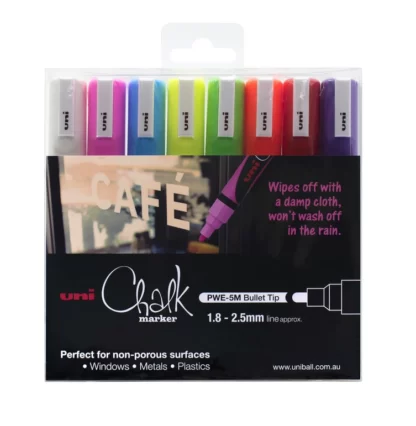 Assorted 8 Uni-ball chalk markers standing upright in clear pack