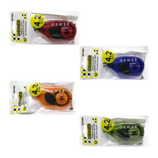 4 Osmer Brand 4.2mm white correction tape in coloured cases, 8m long in hang sell packaging