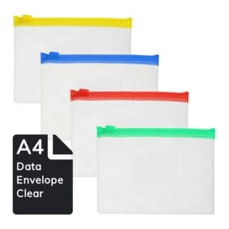 4 x A4 sized clear data envelopes with yellow blue red and green coloured plastic slide zips DEA4