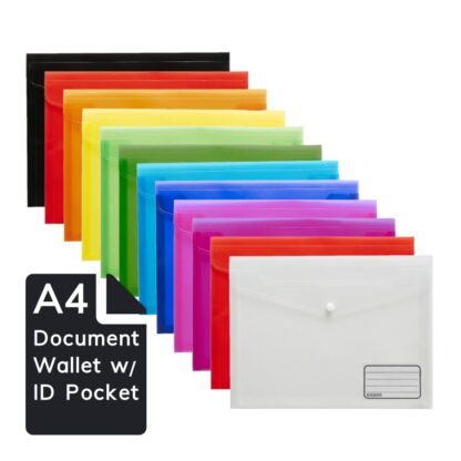 12 assorted colours Osmer Brand A4 sized Document Wallets with pockets A4W