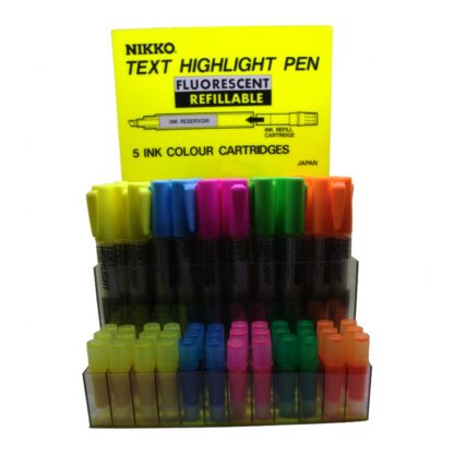 Display of Nikko Refillable Text Highlighter Pens with Yellow Blue Pink Green and Orange Fluros Markers and refills