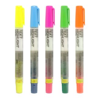 5 Nikko Fluorescent refillable highlighters upright in yellow blue pink green and orange