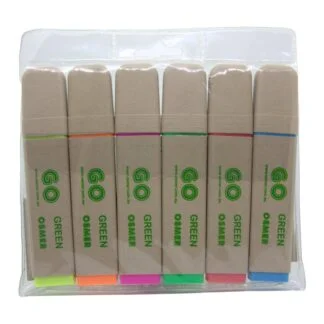 Osmer Brand Set of 6 Fluro GO Green Highlighters in wallet made from 70% Recycled Materials in Yellow Orange Pink Red Blue Back