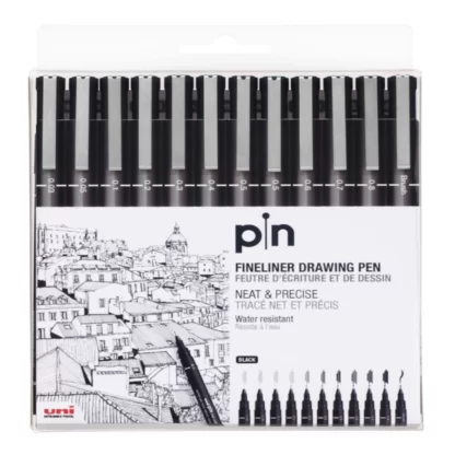Pack of 12 Uni Pin Fineliner Drawing Drafting pens standing upright in clear pack
