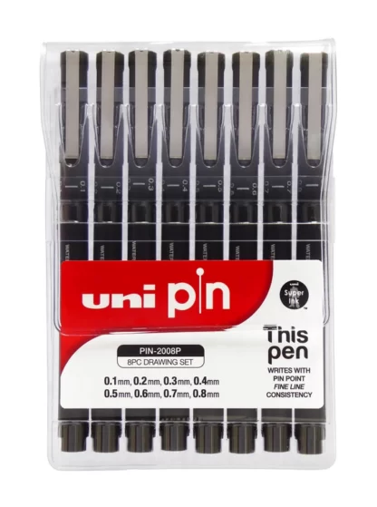 Pack of 8 Uni Pin Fineliner Drawing Drafting pens standing upright in clear pack