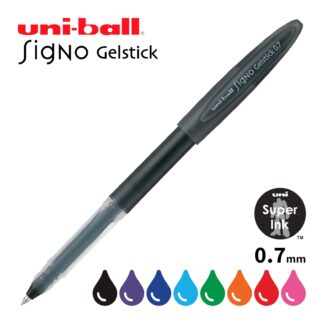 Black Uni-ball Signo Gelstick Pen Upright with all 8 Colours displayed on bottom