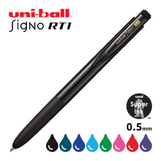 Black Uni-ball Signo RT1 retractable Pen Upright with all 8 Colours displayed on bottom
