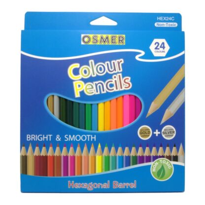 Front view of Osmer brand box 24 colour pencils with gold and silver