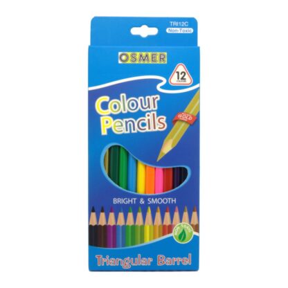 Front of box of Osmer 12 triangular non toxic colour pencils with gold colour