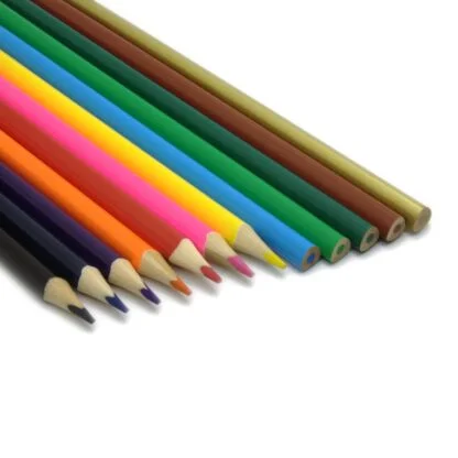 12 Osmer triangular non toxic colour pencils with gold colour opened on table