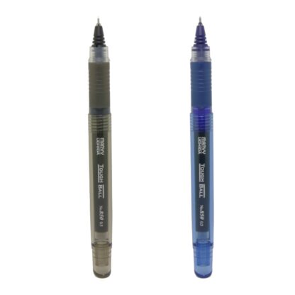 2 Marvy Uchida 850 Roller Ball Tough Ball Needle Point 0.5mm Pens in black and blue upright with no caps