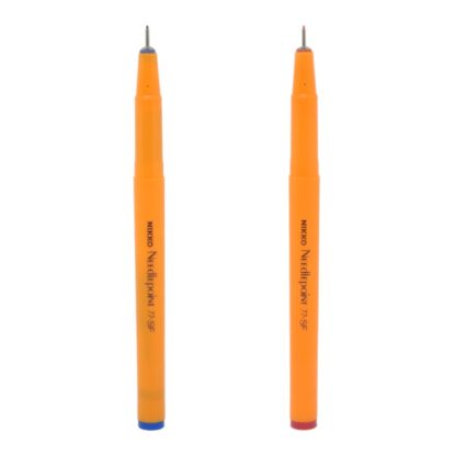 2 Nikko Needlepoint 77-SF pens with orange barrel in Blue and Red upright with no caps