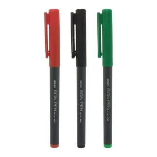 3 Nikko Sign Pens upright in Red, Black and Blue