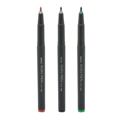 3 Nikko Sign Pens upright in Red, Black and Blue with no caps