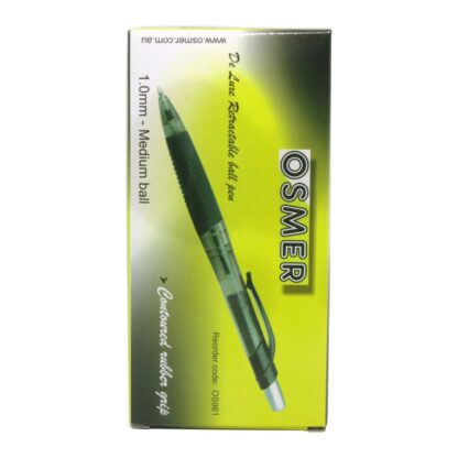 Box of 12 Black Osmer Brand Deluxe retractable 1.0mm ball pens with contoured rubber grip