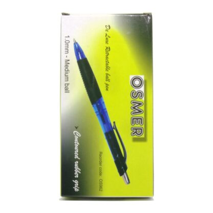 Box of 12 Blue Osmer Brand Deluxe retractable 1.0mm ball pens with contoured rubber grip