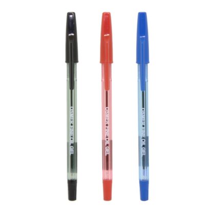 3 upright Osmer Brand Fine Oil Gel Ink Pens in black, red and blue