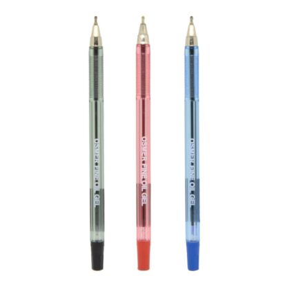 3 upright Osmer Brand Fine Oil Gel Ink Pens in black, red and blue with no caps