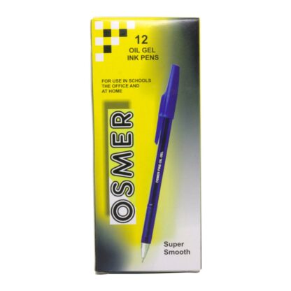 A box of 12 Osmer Brand fine oil gel ink pens in blue