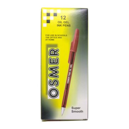 A box of 12 Osmer Brand fine oil gel ink pens in red