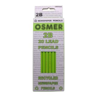 Front view of Box of 20 Osmer Brand Green Recycled Newspaper 2B Grade Graphite Pencils made with 80% Recycled Product