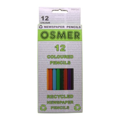 Front view of Box of 12 Osmer Brand Coloured Recycled Newspaper Pencils made with 80% Recycled Product