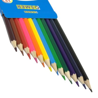 Opened pack of Osmer 12 hexagonal non toxic colour pencils opened displaying all pencil tips