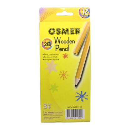 Back of box of 12 Osmer brand wooden hexagonal 2B pencils displaying tips