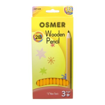 Front of box of 12 Osmer brand wooden hexagonal 2B pencils displaying tips