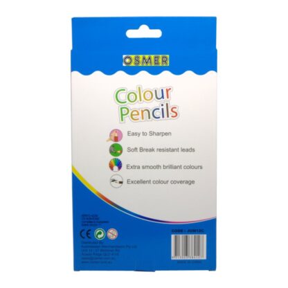 Back view of pack of Osmer brand 12 Triangle shape Jumbo Colour non toxic Pencils