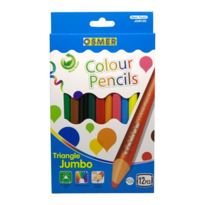 Front view of pack of Osmer brand 12 Triangle shape Jumbo Colour non toxic Pencils