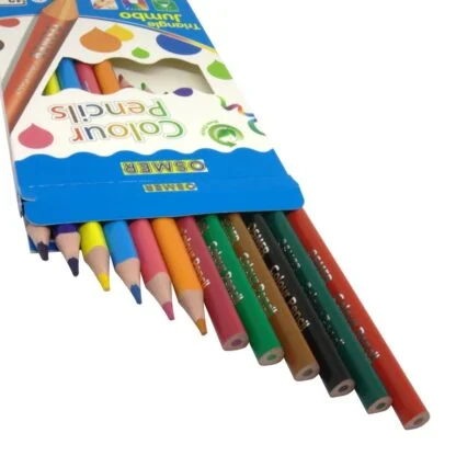 Open view of pack of Osmer brand 12 Triangle shape Jumbo Colour non toxic Pencils displayed front and ends