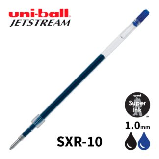 A 1.0mm Uniball Jetstream pen ink refill on an angle with black and blue colours in corner SXR-10