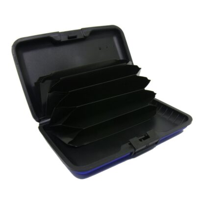 Open Osmer aluminium credit card case to protect cards from RFID scanners