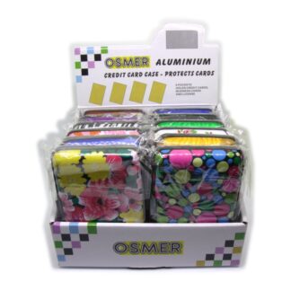 A display box of 12 assorted colours and patterns, Osmer Brand Aluminium card cases that protects cards from being scanned