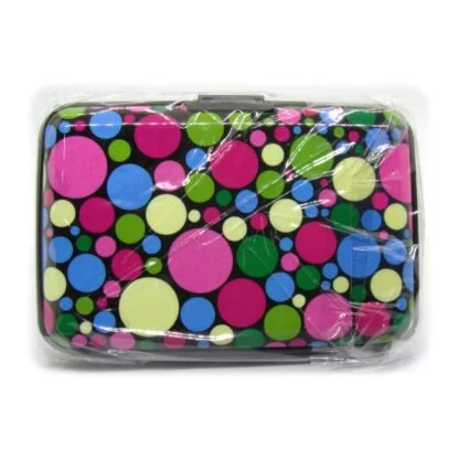 Black with Coloured Circles Osmer aluminium credit card case to protect cards from RFID scanners