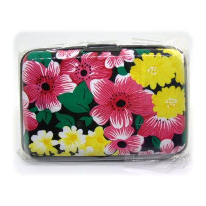 Black with Yellow and Pink Flowers Osmer aluminium credit card case to protect cards from RFID scanners