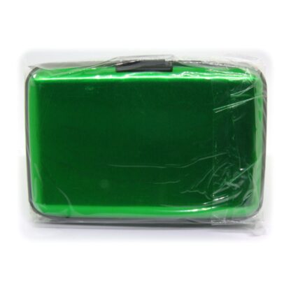 Green Osmer aluminium credit card case to protect cards from RFID scanners