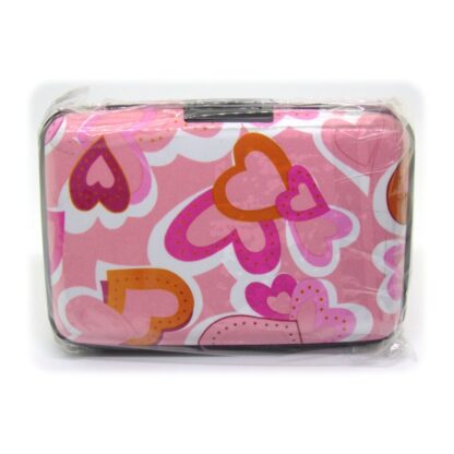 Pink with love hearts Osmer aluminium credit card case to protect cards from RFID scanners