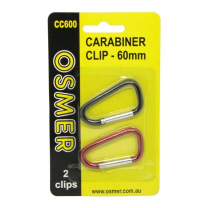 Osmer Brand 2 pack Black and Red Anodised Aluminium 60mm Carabiner Clips on hang sell blister card Front View
