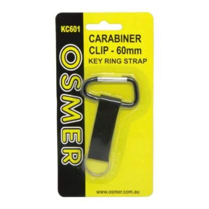 Osmer Brand Black Anodised Aluminium 60mm Carabiner Clip with Key Ring Strap on hang sell blister card Front View