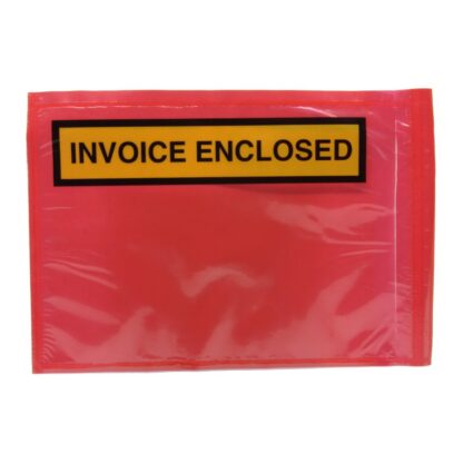 A red Osmer self adhesive Labelope with Invoice Enclosed written in Black with a yellow backround on the top