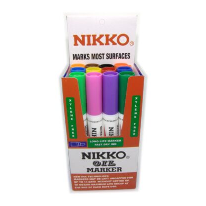 Box of Nikko Brand 1700 Permanent Ink Markers in Bullet Point in Assorted Colours Front View