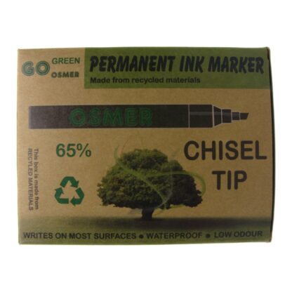 Osmer Permanent GO Green Recycled Black Chisel Marker made from a minimum of 65% recycled materials upright Box Front View