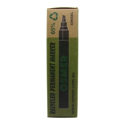 Osmer Permanent GO Green Recycled Black Chisel Marker made from a minimum of 65% recycled materials upright Box side View
